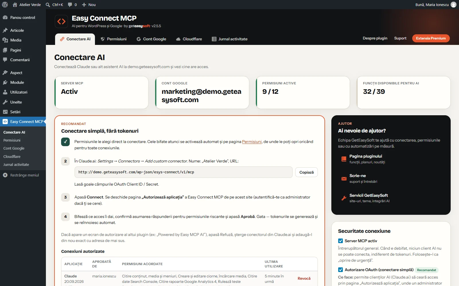 Pagina de conectare AI, cu adresa MCP de adăugat ca conector în Claude