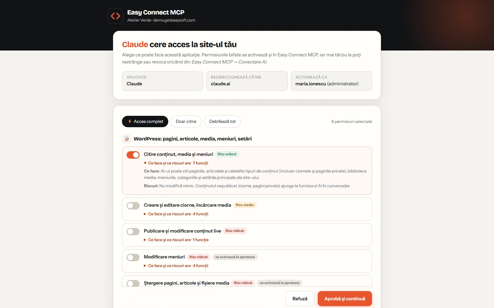 Ecranul de autorizare de pe propriul site: alegi ce are voie să facă AI-ul