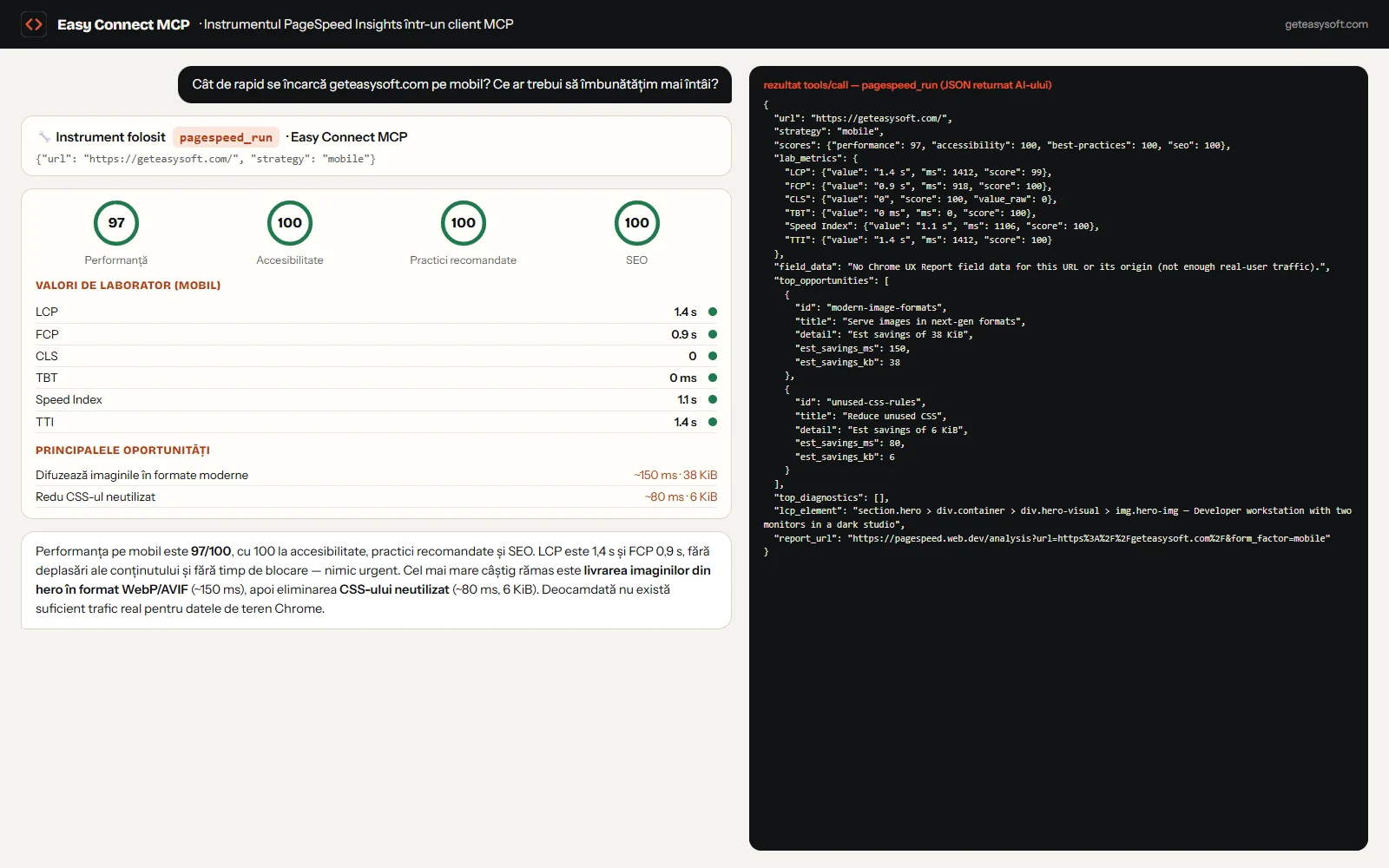 Test PageSpeed Insights rulat de AI din chat: scoruri, Core Web Vitals și principalele remedieri