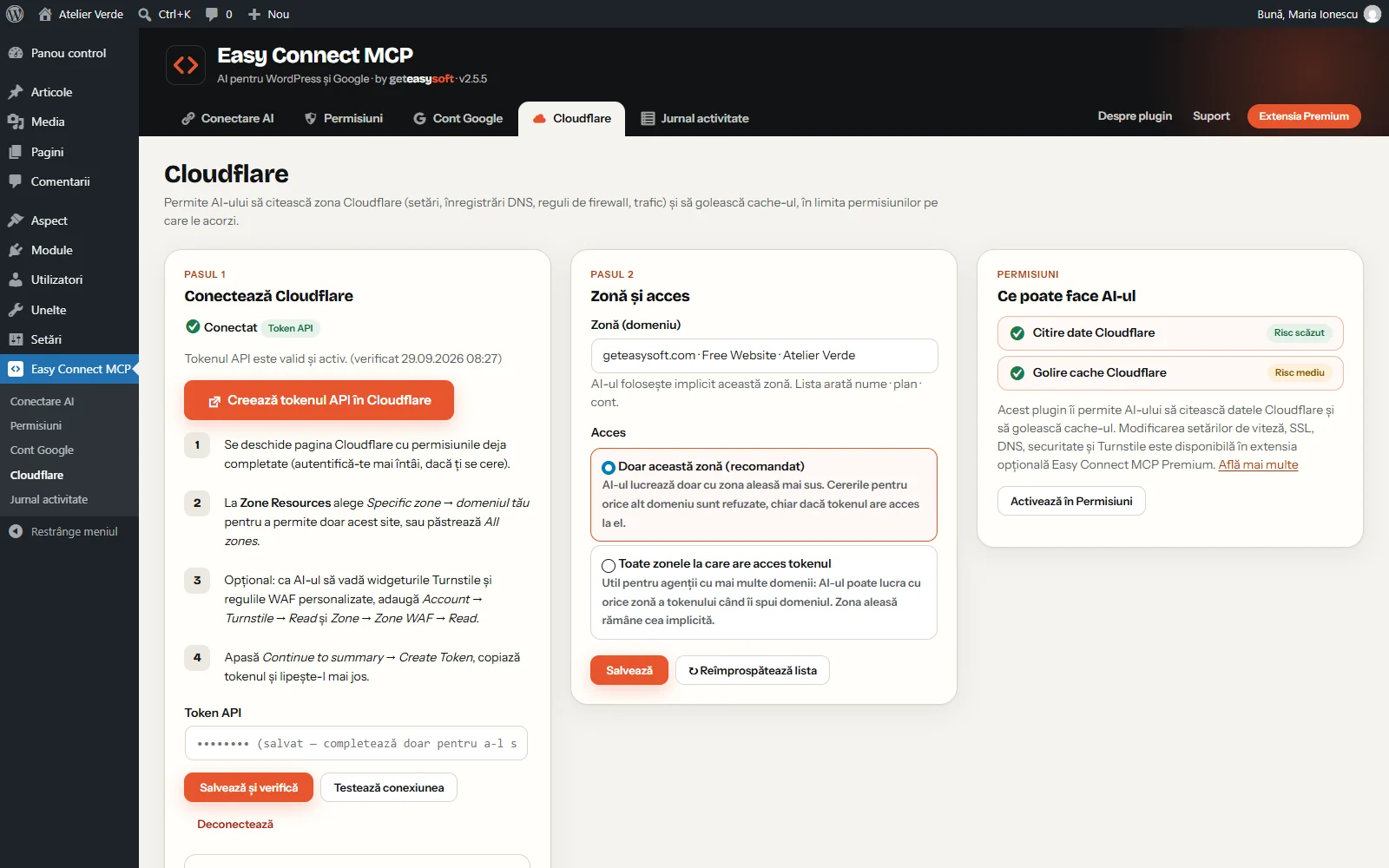 Pagina Cloudflare: zone, statistici și golirea cache-ului