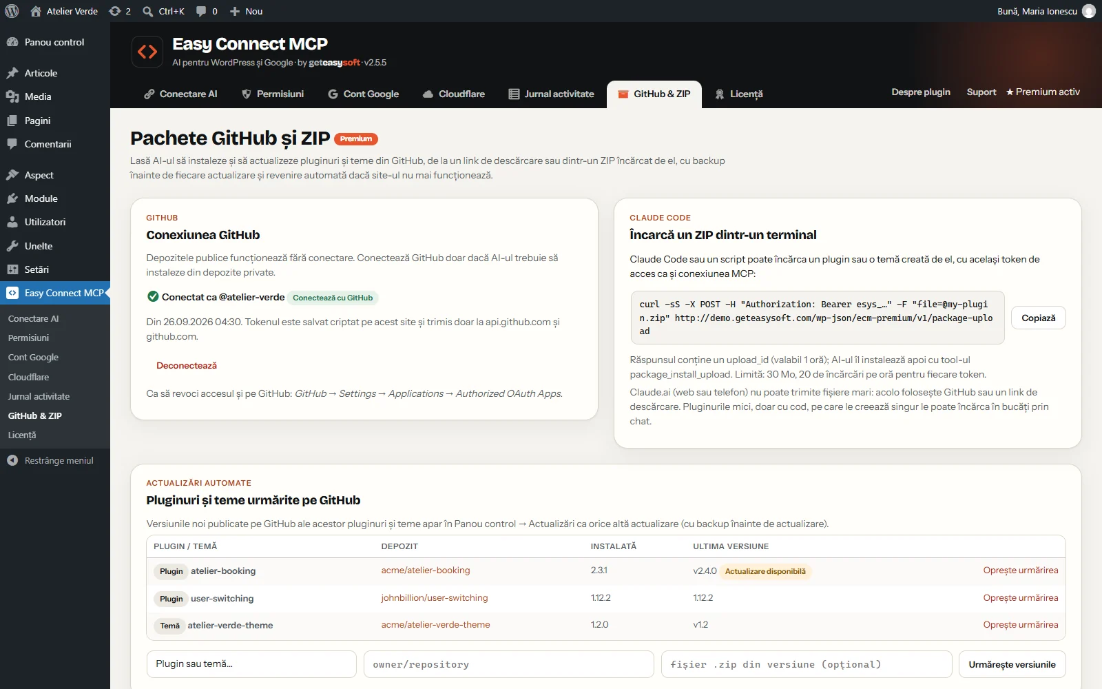 Premium: pachete GitHub și ZIP — cont conectat, pachete urmărite și backupuri