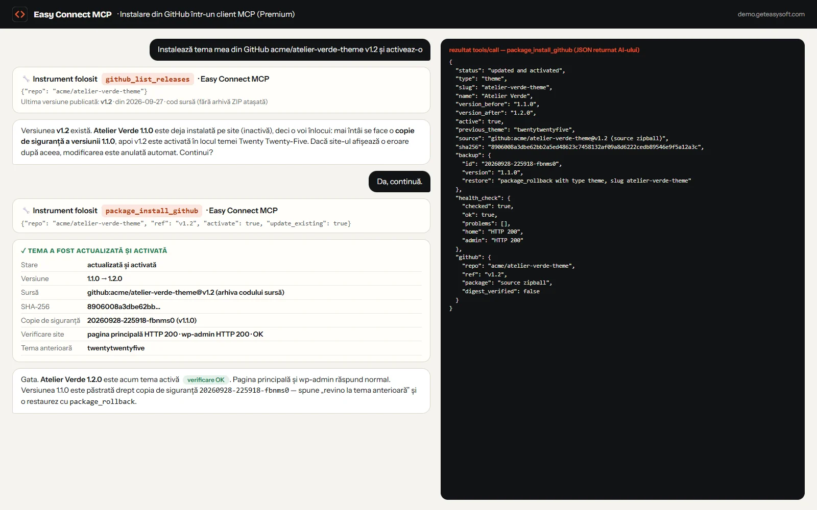 Premium: AI-ul instalează o temă de pe GitHub, cu backup și verificarea site-ului