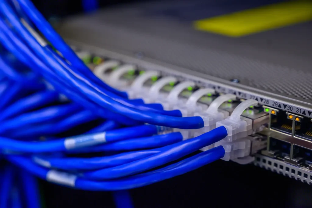Cabluri de rețea albastre conectate la un switch într-o cameră de servere