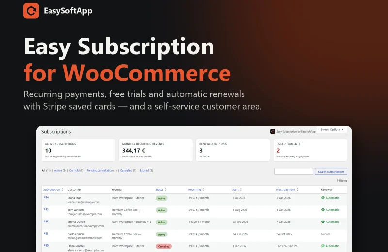 Easy Subscription for WooCommerce — subscriptions dashboard