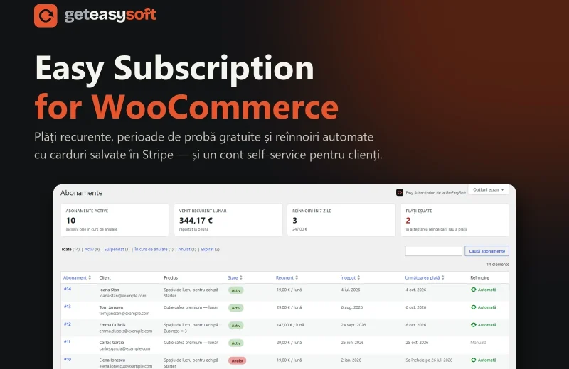 Easy Subscription pentru WooCommerce de la GetEasySoft — panoul abonamentelor